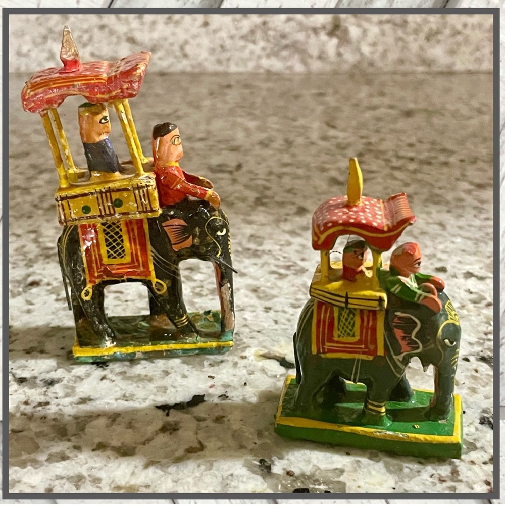 Vintage Wooden Elephant & Rider Figurines